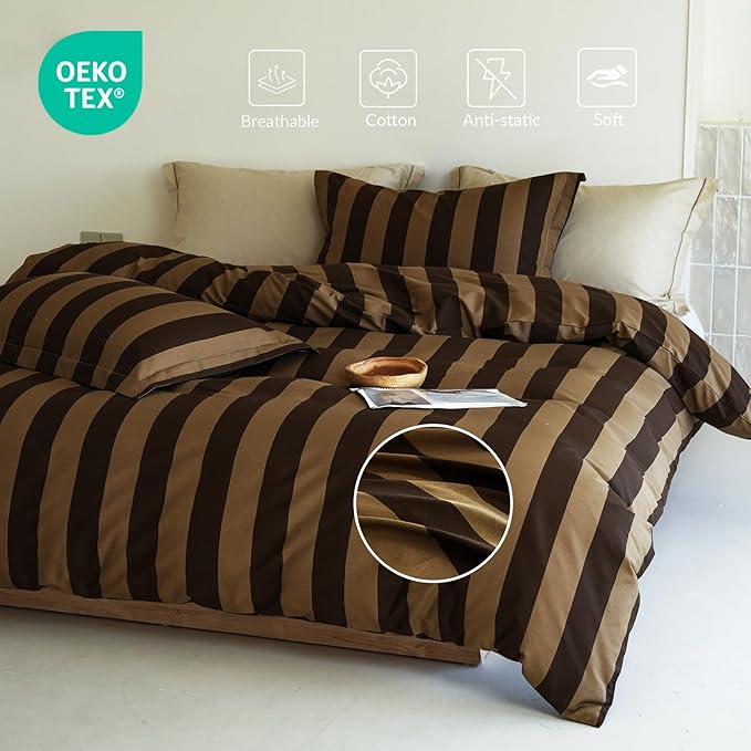 Queen Size Cotton Comforter Set, 3Pcs Brown Yellow Striped Duvet for All Seasons, Luxury Warmth Breathable Bedding Set with 1 Lightweight Comforter and 2 Pillow Shams
