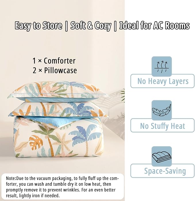 Tropical Coastal Blue Cotton Comforter King Size 3Pcs - Bright Orange, Olive Green & Beige Palm and Leaf Patterns, Botanical Lightweight Reversible Bedding Sets with Soft Fill(104"×90")