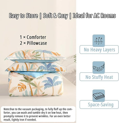 Tropical Coastal Blue Cotton Comforter King Size 3Pcs - Bright Orange, Olive Green & Beige Palm and Leaf Patterns, Botanical Lightweight Reversible Bedding Sets with Soft Fill(104"×90")