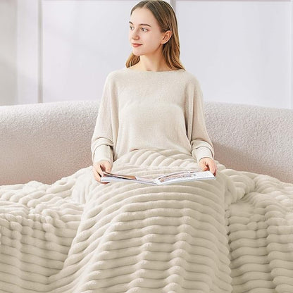 BEDELITE Full Size Blanket for Bed, 300GSM Soft & Warm Fleece Beige Blanket, Decorative and Giftable Striped Blankets for Women, Men, 84"x90"