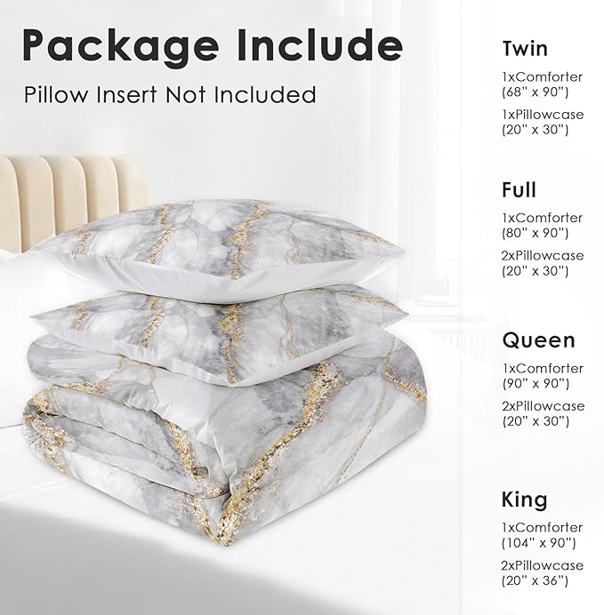 Comforter Set King Size, Marble Stone White Gold Soft 3 Pcs Bedding for Adults, Gray Vintage Comforter Set with Pillowcase, for Bedroom Bed Decor