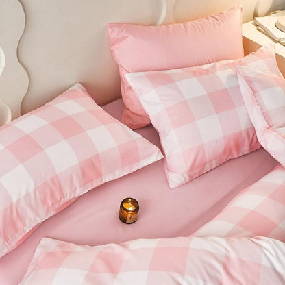 Wake In Cloud - Gingham Comforter Set, Plaid Buffalo Check Checkered Cottagecore Cute Geometric, Soft Lightweight Bedding, 3 Pieces, Pink, Queen Size