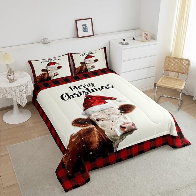 Christmas Farmhouse Twin Size Comforter Set for All Seasons,Xmas Cow Cattle Animal Bedding Set Teens Bedroom Decor,Vintage Cabin Red Plaid Comforter Inner Fill with 1 Pillowcase