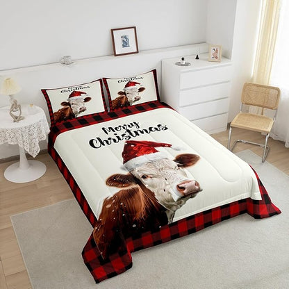 Christmas Farmhouse Twin Size Comforter Set for All Seasons,Xmas Cow Cattle Animal Bedding Set Teens Bedroom Decor,Vintage Cabin Red Plaid Comforter Inner Fill with 1 Pillowcase