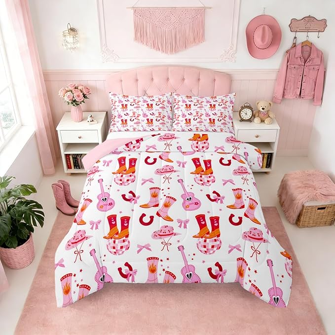 Erosebridal Cowgirl Western Bedding Set, Pink Bowknot Comforter Set Toddler Size for Kids Teens Girls Women Bedroom Decor, Boots Horseshoe Down Comforter, Dreamy Princess Quilt, Lightweight