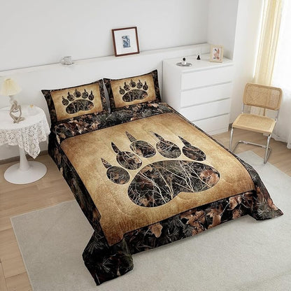 Erosebridal Rustic Farmhouse Bedding Sets Full Camo Bear Paw Comforter Set Woodland Hunting Camouflage Animal Bedding Comforter Sets for Kids Boys Adults Men,Retro Cabin Wildlife Quilt Set