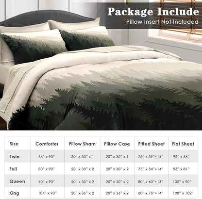 Comforter Set King Size, Mountain Pine Tree 7 Pcs Bedding for Kids and Adults, Natural Forest Landscape Bed Sheet Sets with Fitted Sheet 2 Pillowcases & 2 Shams