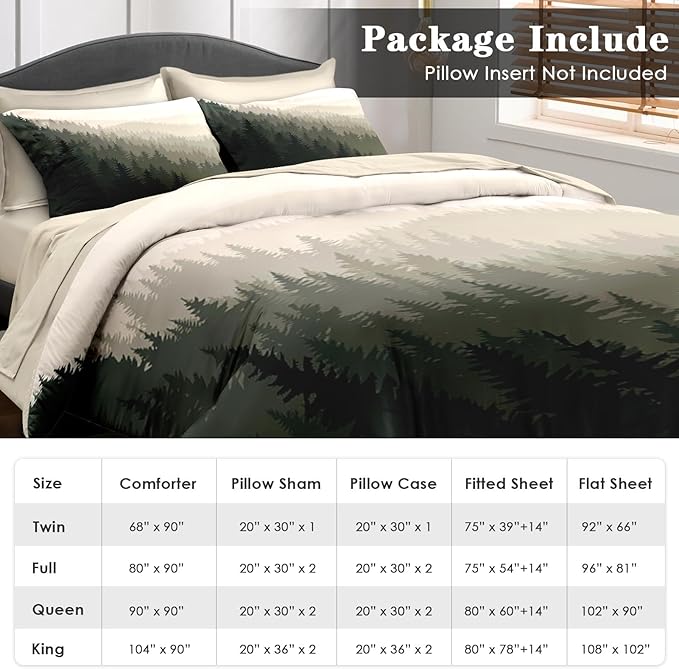 Comforter Set Queen Size, Mountain Pine Tree 7 Pcs Bedding for Kids and Adults, Natural Forest Landscape Bed Sheet Sets with Fitted Sheet 2 Pillowcases & 2 Shams