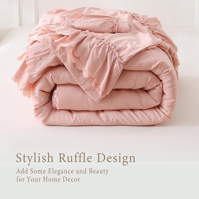 Herside Pink Ruffle Comforter Set Queen Size,Shabby Chic Boho Bedding Sets, Soft Fluffy Comforters Sets for All Season,Vintage Ruffled 3 Pcs Microfiber Lightweight Quilt Set for Women Girls