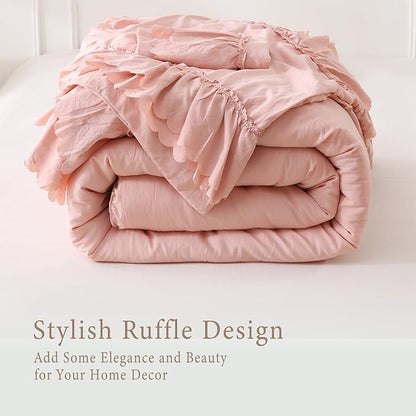 Herside Pink Ruffle Comforter Set Queen Size,Shabby Chic Boho Bedding Sets, Soft Fluffy Comforters Sets for All Season,Vintage Ruffled 3 Pcs Microfiber Lightweight Quilt Set for Women Girls