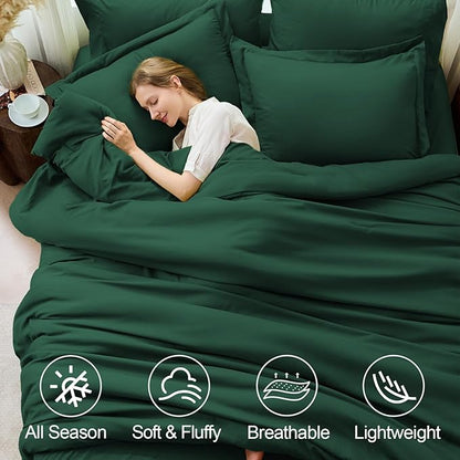 FUANNA Queen Comforter Set Emerald Green, 7 Pieces Soft Bedding Sets Queen Size, All Season Lightweight Bed in a Bag with Comforter, Flat Sheet, Fitted Sheet, Pillowcases & Shams