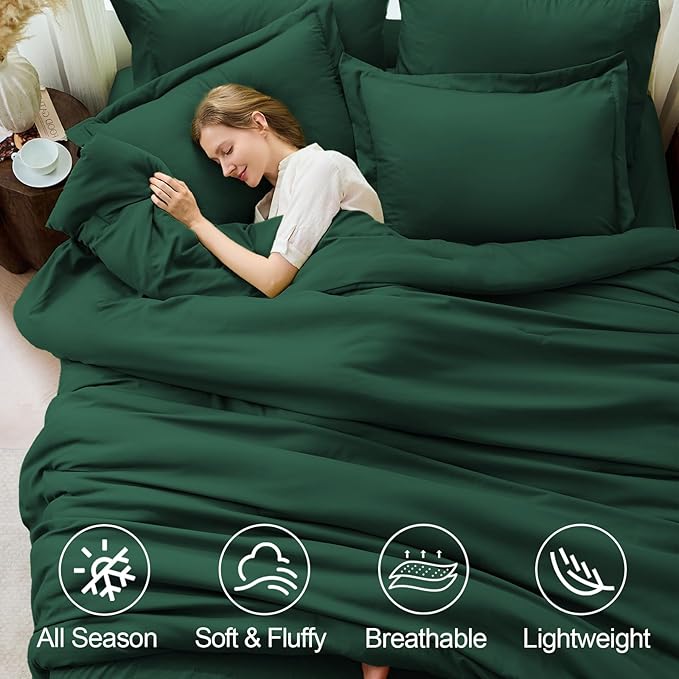 FUANNA Full Size Comforter Sets Emerald Green, 7 Pieces Soft Bed in a Bag Full, All Season Lightweight Bed Sets with Comforter, Flat Sheet, Fitted Sheet, Pillowcases & Shams