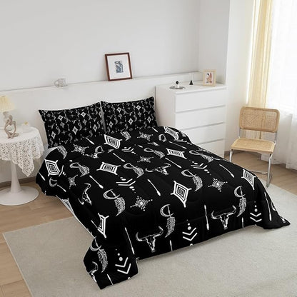 Feelyou Western Bull Skull Bedding Set King Size Ethnic Horns Boho Comforter Black White Tribal Symbol Mysterious Aztec Comforter Set for Man Women