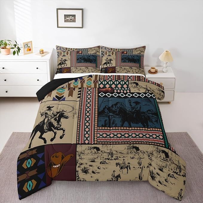 Feelyou Kids Brown Western Aztec Comforter Set Twin Size Horse Bedding Set for Boys Girls Teens Bedroom Decor Wild Cowboy Boho Southwestern Rustic Farmhouse Tribal Duvet Quilt Breathable Soft 2Pcs