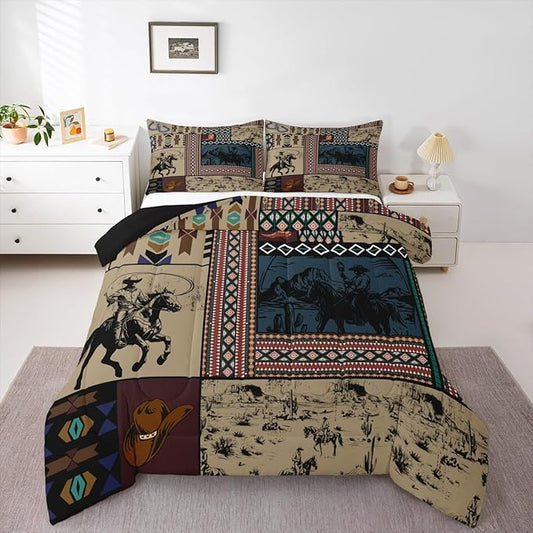Feelyou Kids Brown Western Aztec Comforter Set Queen Size Horse Bedding Set for Boys Girls Teens Bedroom Decor Wild Cowboy Boho Southwestern Rustic Farmhouse Tribal Duvet Quilt Breathable Soft 3Pcs