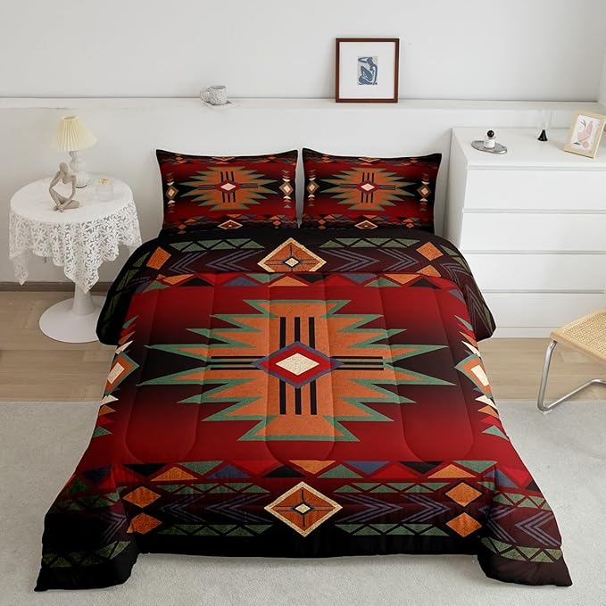 Western Comforter Set Twin Size,Red Black Cowboy Cowgirl Bedding Set for Boys Girls,Kids Adult Aztec Native Tribal Quilt Set Retro Geometric Arrow Striped Bohemian Duvet Insert,1 Pillowcase