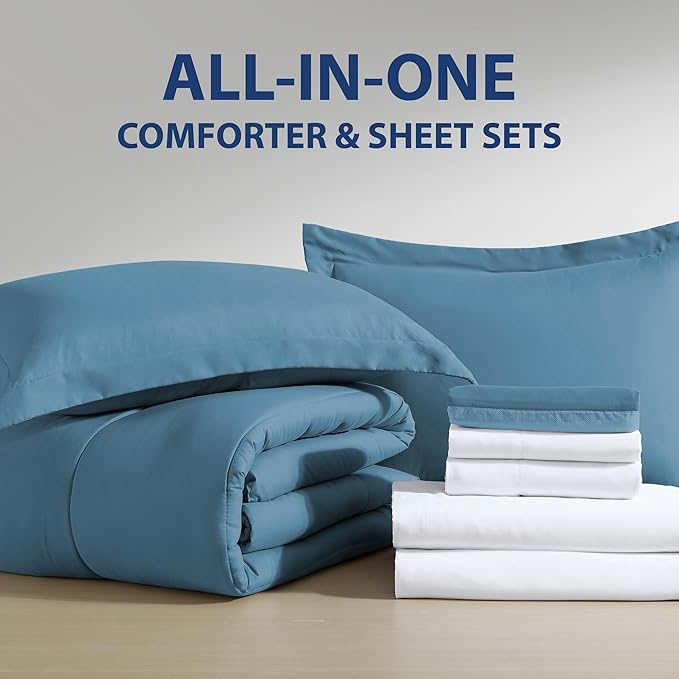 Cathay Home Basic Bedding Home Essential Ultra Soft Lightweight 6PC Wrinkle Resistant Microfiber Bed in a Bag Set (Includes Complete Sheet Set, Comforter Set & Bedskirt) - Twin, Blue