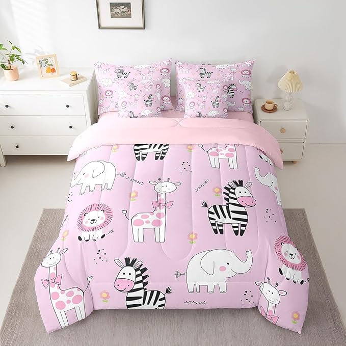 jejeloiu Pink Zoo Animals 7 Piece Bedding Set King Size Cartoon Cute Comforter Set with Sheets for Kids Boys Girls Giraffe Lion Zebra Elephant Bed in a Bag Flower Bed Set
