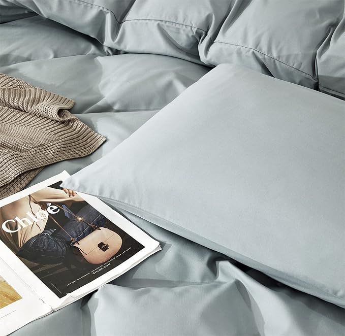 Wellboo Haze Blue Comforter Sets California King Solid Light Dusty Blue Bedding Comforters Cotton Women Men Plain Light Blue Bed Quilts Cal King Modern Minimalist Greyish Blue Blankets Mist Lake Blue