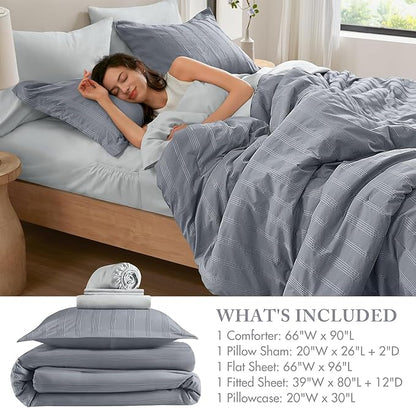 Madison Park Essentials Striped Comforter Set Twin, 5 Pieces Modern Minimalist Jacquard Bedding Set for All Season, Bed in A Bag with Sheet Set and Soft Brushed Reverse, Lightweight Blue/Grey