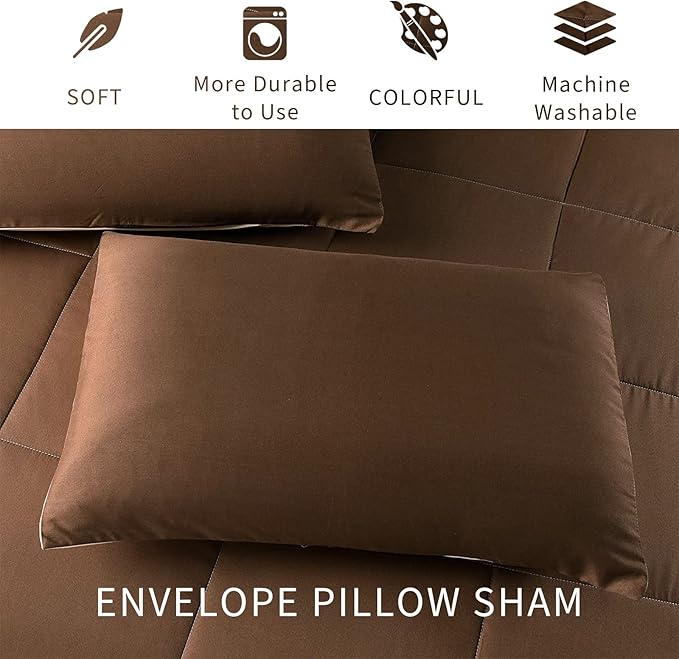Exclusivo Mezcla Lightweight Reversible Full Queen Size Comforter Set, Down Alternative Comforter with 2 Pillow Sham, Full Size Queen Bedding Set for All Seasons, Brown/Khaki
