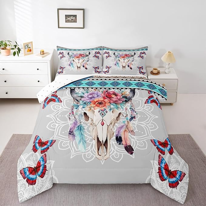 Bull Skull Comforter Set Twin Size,Western Tribal Dream Catcher Feather Butterfly Bedding Set,Mandala Floral Quilt Set for Kids Girls Boys Room Decor,Vintage Boho Duvet Insert,1 Pillowcase