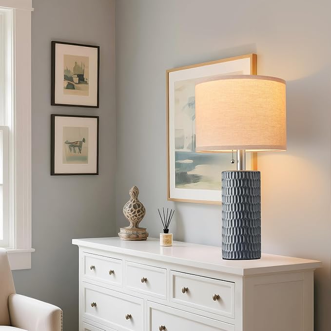 20.5" Modern Ceramic Table Lamps for Bedroom Set of 2, Bedside Lamps for Night Stands with Beige Lampshade, Farmhouse Table Lamp for Living Room Office Dorm, Grey
