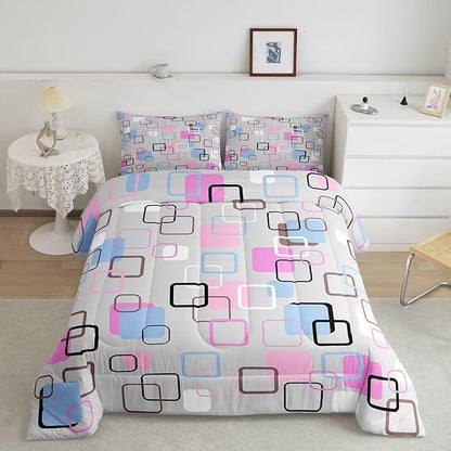 Erosebridal Pink Blue Geometric Square Comforter Set King Modern Abstract Striped Bedding Set Pastel Plaid Grid Comforter for Kids Girls Boys Aesthetic Gingham Checkered Quilt Duvet