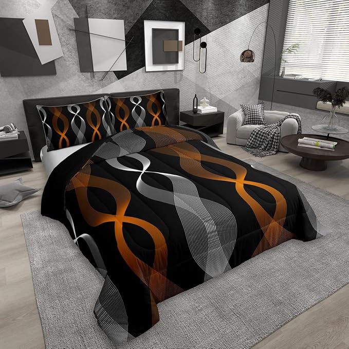 Erosebridal Orange and Black Bedding Set Twin, Orange Striped Abstract Comforter Set, Geometric Stripes Artistic Line Comforter for Women Men Teens Bedroom, Contemporary Boho Modern Art Quilt