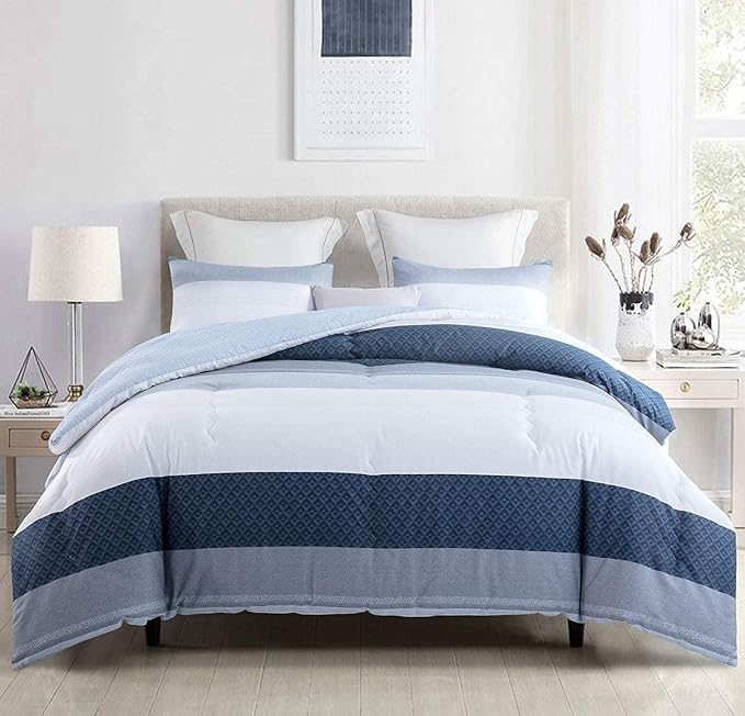 SLEEPBELLA Comforter Twin Size, 600 Thread Count Cotton White and Navy Striped Patchwork Reversible Pattern Reversible Blue Comforter Set,Down Alternative Bedding Set 2Pcs (Twin, Blue Patchwork)