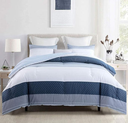 SLEEPBELLA Comforter Twin Size, 600 Thread Count Cotton White and Navy Striped Patchwork Reversible Pattern Reversible Blue Comforter Set,Down Alternative Bedding Set 2Pcs (Twin, Blue Patchwork)