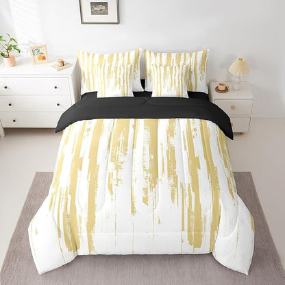 Erosebridal 7Pcs Yellow Striped Comforter Set Queen for Women Men,Modern Geometric Abstract Bedding with Bed Sheets,Gradient Art Aesthetic Bed in A Bag,Boho Graffiti Quilt Set with Pillowcases