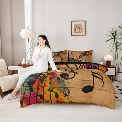 Erosebridal Music Notes 7 Piece Bedding Set Twin Size,Graffiti Music Art Bed in a Bag,Vintage Retro Bed Set Includes Comforter, Sheet Set, Pillowcases & Pillow Covers All Season Bedroom Decor