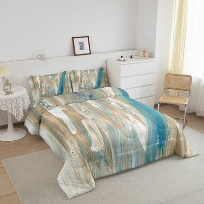 Erosebridal Blue Brown Comforter Set King Ombre Abstract Art Bedding Set, Brush Marks Gradient Bedding Comforter Sets Contemporary Vintage Duvet Sets, Watercolor Stripe Aesthetic Quilted Comforter