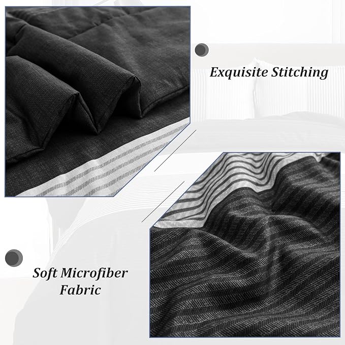 WONGS BEDDING Black Comforter Twin, Black Grey Striped Patchwork Down Alternative Comforter Set for Twin Bed, 2 Pieces(1 Comforter+1 Pillowcase), Soft Microfiber Bedding Duvet Insert 68"×86"