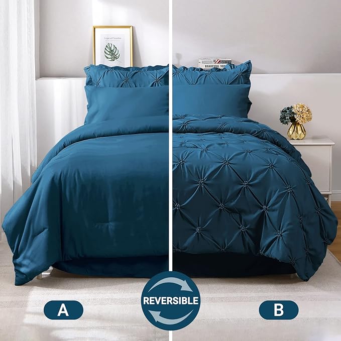JOLLYVOGUE King Size Comforter Set 7 Pieces, Teal Bed in a Bag Comforter Set for Bedroom, Beddding Sets with Comforter, Sheets,Ruffled Shams & Pillowcases