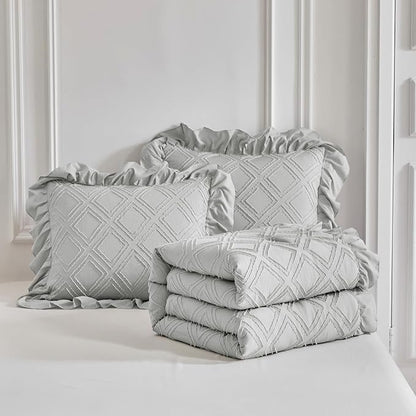 Flysheep Tufted Grids Ruffle Comforter Set Twin Size, 3 Pieces Light Grey Vintage Farmhouse Shabby Chic Comforters, Jacquard Boho Bohemian Bedding Set for Kids (1 Ruffled Comforter+ 2 Pillow Shams)