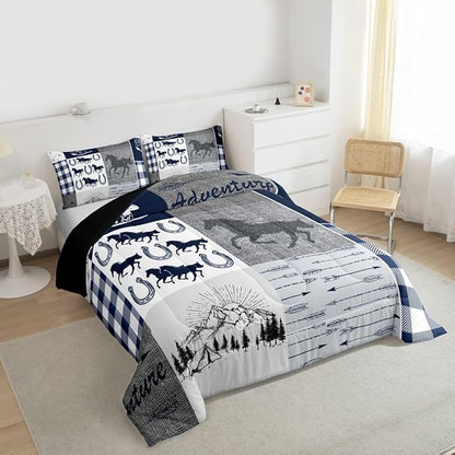 Erosebridal Western Horse Bedding Set Full, Southwestern Horseshoe Comforter Set for Boys Teens Adult Bedroom Decor, Vintage Riding Boots Quilt Rustic Adventure Duvet Insert with 2 Pillow Cases