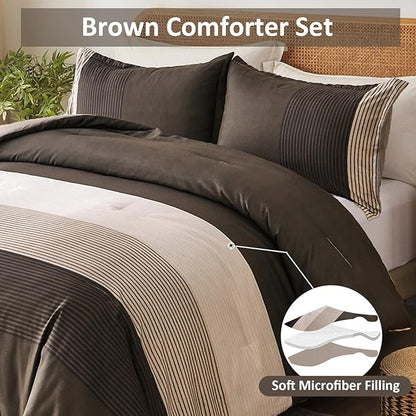 Brown Comforter Set Queen, Reversible Brown Striped Down Alternative Comforter for Queen Bed,3 Pieces (1 Comforter+2 Pillowcases), Soft Microfiber Bedding Duvet Set 90"×90"