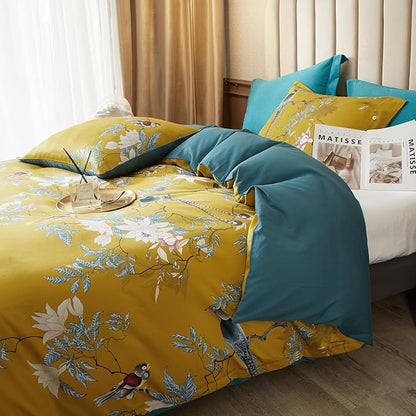 mixinni King Size Comforters Vibrant Colors Pattern Soft Flower Birds Bedding Comforter Sets Fluffy Lightweight Reversible Floral Comforter with 2 Pillowcases-King Size