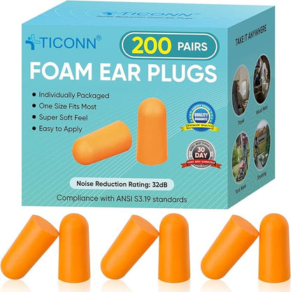 TICONN 200 Pairs Ear Plugs, 32dB Noise Reduction Earplugs for Sleeping Hearing Protection Travel Study Concentration Construction Site (200 Pairs)
