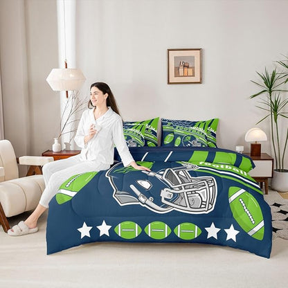 Feelyou Football 7 Pieces Comforter Sets Twin Size Kids Rugby Sports Bedding Set for All Season Football City Bed in a Bag with Comforter, Sheets, Pillowcases & Cushion Cover