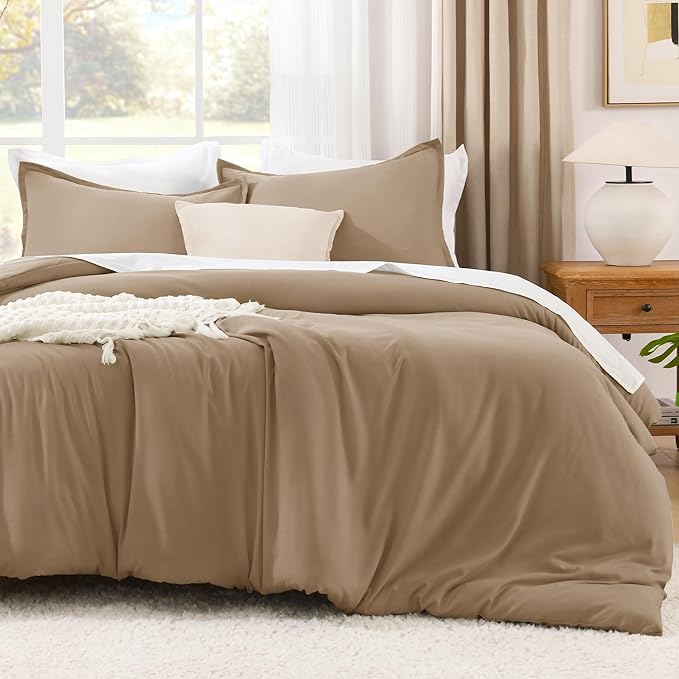 Litanika Taupe Comforter Set Queen Size, 3 Pieces Solid Bedding Comforter Set, All Season Fluffy Bed Set (90x90In Comforter & 2 Pillowcases)