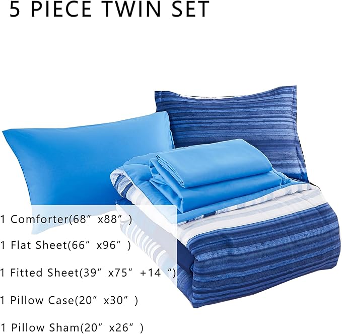 KAKIJUMN 5 Piece Bed in a Bag Stripe Comforter Set Twin Size, White and Blue Patchwork Striped Comforter and Sheet Set, All Season Soft Microfiber Complete Bedding Sets(Blue,Twin)