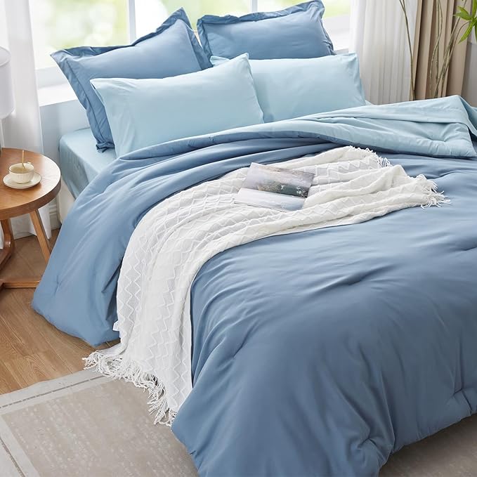 Navy Blue Comforter Set Reversible Bedding Set, 7 Pieces Soft Bed in a Bag Full with Comforter, Sheets, Pillowcases & Shams, All Seasons Boho Bed Set