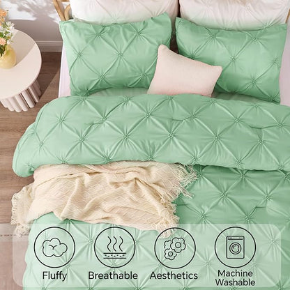 BEDELITE Sage Green King Size Comforter Set - 3 Pieces Boho Pintuck Bedding Comforter Sets, Lightweight Soft & Warm King Bedding Set with 2 Pillowcases for All Season