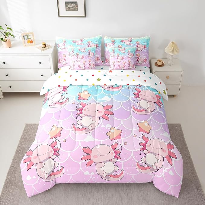 Feelyou Twin Size Cute Pink Axolotl Bed in a Bag Boys Girls Cartoon Salamander Comforter Set with Sheets for Kids Ultra Soft Fish Scales 7 Piece Bedding Set Rainbow Room Decor Breathable Soft