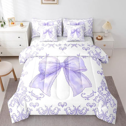 jejeloiu Girls Pretty Ribbon Purple Bow 7 Piece Bedding Set Twin Size Purple Damask Comforter Set with Sheets for Kids Women Cute Bow Bed in a Bag Princess Bed Set