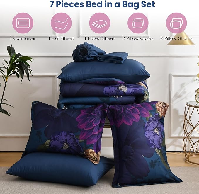 WONGS BEDDING Blue Comforter Set King Size, 7 Pieces Floral Bed in a Bag Set, Navy Blue and Pink Flower Bedding Set, Soft Microfiber for All Season with Pillowcases & Shams,Sheets(90"×104")