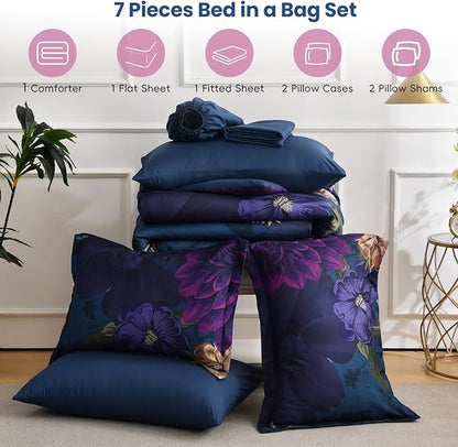 WONGS BEDDING Blue Comforter Set King Size, 7 Pieces Floral Bed in a Bag Set, Navy Blue and Pink Flower Bedding Set, Soft Microfiber for All Season with Pillowcases & Shams,Sheets(90"×104")